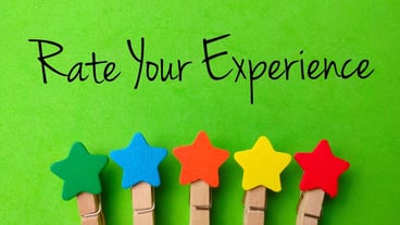 Top view colored wooden clips with text Rate Your Experience on green background