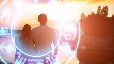 Horoscope concept, boy and girl couple on the background of a circle with zodiac signs, astrology. Conceptual photo of a couple with a perfect combination between zodiac signs.