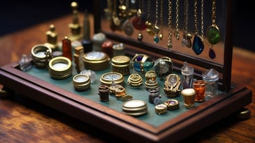 Wooden table covered with jewelry