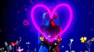 Woman in vr to meta neon flowers drawing pink heart with fingers hallucination