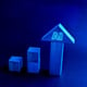 AI information analysis Artificial intelligence growth business technology with big arrowhead on cube blocks graph step increase on digital world map on cyberspace blue tone background