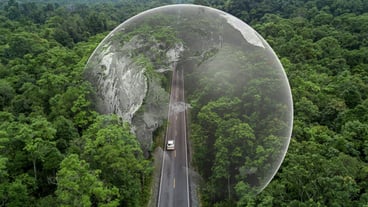 Electric vehicle car goes through forest EV electric energy for the environment Nature power technology sustainable development goals green energy Ecosystem ecology healthy environment road trip