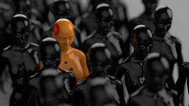 A group of robots standing in rows one robot from all has a clear difference