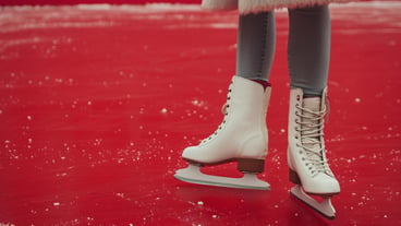 a woman in a fur coat and white shoes is on a red floor