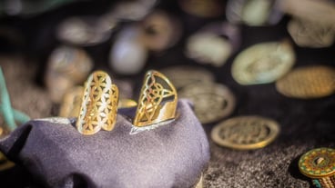 Close-up of artisan rings at festival