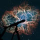 Girl looking at the stars with a telescope. Crab nebula in the constellation Taurus. Supernova core pulsar neutron star. Elements of this image are provided by NASA.