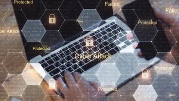 Inetenet protection concept with digital cyber icons and man man hand with laptop and smartphoneDouble exposure