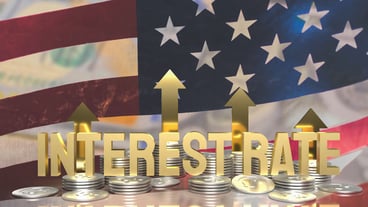 The gold text interest rate and coins on Usa flag for business concept 3d rendering