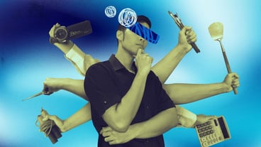 Multitasking concept collage art Man in thinking pose with many arms behind holding objects