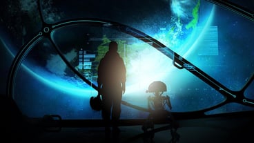 Astronaut and droid at the porthole of a ship in orbit of the earth d render