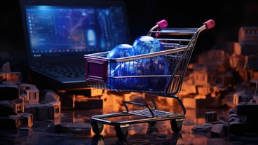 Shopping cart with colorful modern stores on background Generative AI