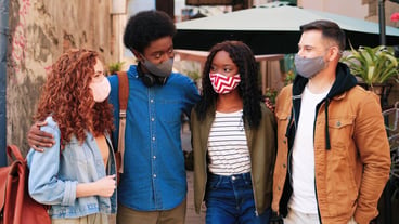 Our unity company of best friends wearing protective masks spending time together at the city during...