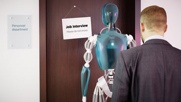 A man waiting in line with robot for a job interview. Blank tag on the door for your own message. 3D rendering.