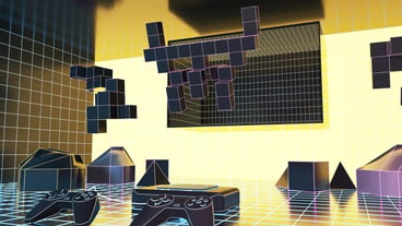 Abstract yellow gaming reality background with joysticks and blocks HUD technology and future concept 3D rendering
