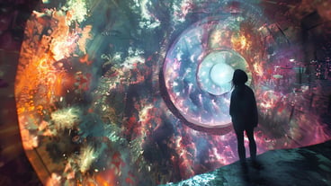 Silhouette of a person standing in front of a dazzling cosmic portal with vibrant colors symbolizing exploration and wonder
