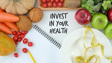 Invest in your health , Healthy lifestyle concept with diet and fitness , Get fit in  , fitness equipment and healthy food