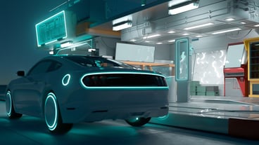 Electric car and futuristic charging station with neon light illuminated at dark night. Electric automotive Innovation transport concept. Photorealistic 3D rendering.