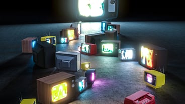 Path with old cathode ray tube televisions leading to a large television. 3d rendering.