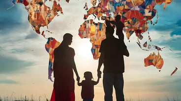 World refugee day a family is standing in front of a world design