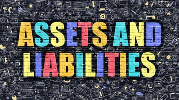 Assets and Liabilities Multicolor Inscription on Dark Brick Wall with Doodle Icons Assets and Liabilities Concept in Modern Style Assets and Liabilities Business Concept