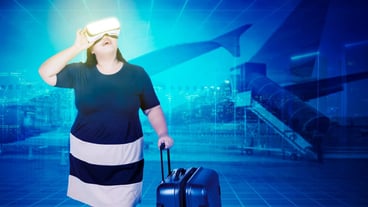Young overweight woman wearing VR goggles while carrying a luggage over metaverse airport and airplane background