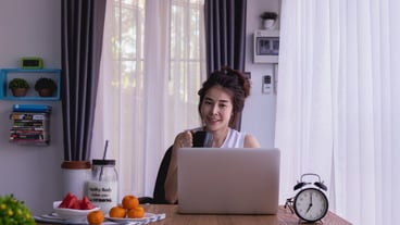 Breakfast table with young asian woman dink coffee, working woman  in morning.