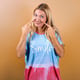 Young blonde girl smiling at the camera wearing a tshirt with the title quotsmilequot Smile concept