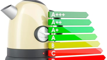 Energy efficiency chart with electric kettle 3D rendering isolated on white background
