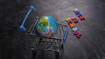 Preschool shopping. Supermarket trolley with globe on chalk board with text Back to School.