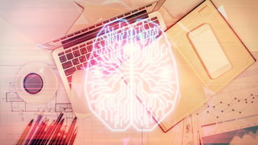 Multi exposure of brain sketch hologram over topview work table background with computer Concept of big data