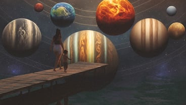 Surreal collage of person interacting with the solar system