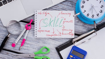 Flat stationery accessories for learning and study. Skills and self-development concept. White wooden table.