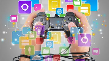 Wired hands with joypad meaning videogame addiction