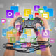 Wired hands with joypad meaning videogame addiction