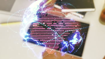 Double exposure of abstract digital world map with connections and modern digital tablet on background big data and blockchain concept