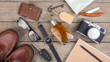 Adventure concept camera passport map notepad compass and other stuff for travel