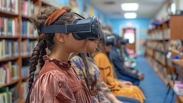 a group of people wearing virtual reality glasses are sitting in a room