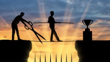 A business competitor with big scissors in his hands intends to cut the rope along which the businessman goes to success. The concept of envy of rivals to the success of another person