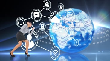 Furious businesswoman gesturing against digital earth background