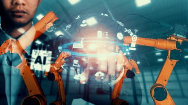 Mechanized industry robot arm and factory worker double exposure