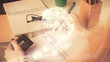 Double exposure of woman online shopping holding a credit card and world map hologram drawing International Ecommerce concept