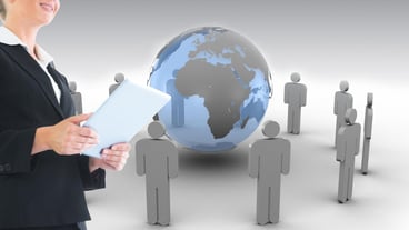 Composite image of blonde businesswoman holding tablet
