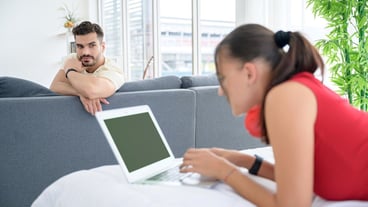 A couple working from home together with happiness and good emotion
