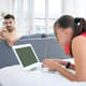 A couple working from home together with happiness and good emotion