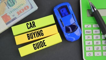 Cars calculators paper money and colored paper with the word car buying guide