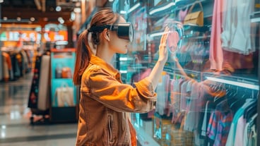Woman Wearing Virtual Reality Headset Interacting with Digital Interface in a Clothing Store