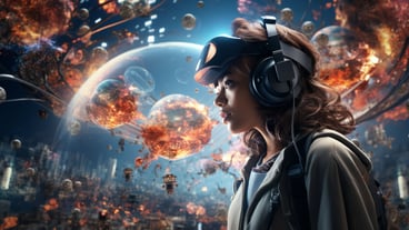 Person wearing futuristic virtual reality glasses for gaming