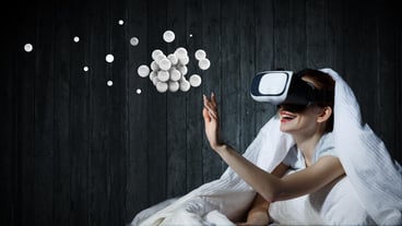 Woman with laptop enchanted by virtual reality. Mixed media