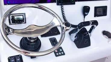 Yacht control navigation panel with steering wheel gear lever control buttons and onboard computer