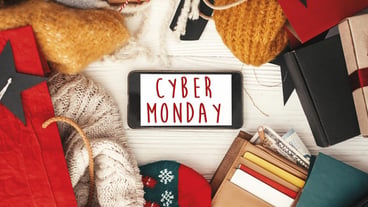 Cyber Monday sale text sign on phone screen flat lay Special discount christmas offer Phone with advertising message at credit cards money bags gift boxesprice tags Shopping time